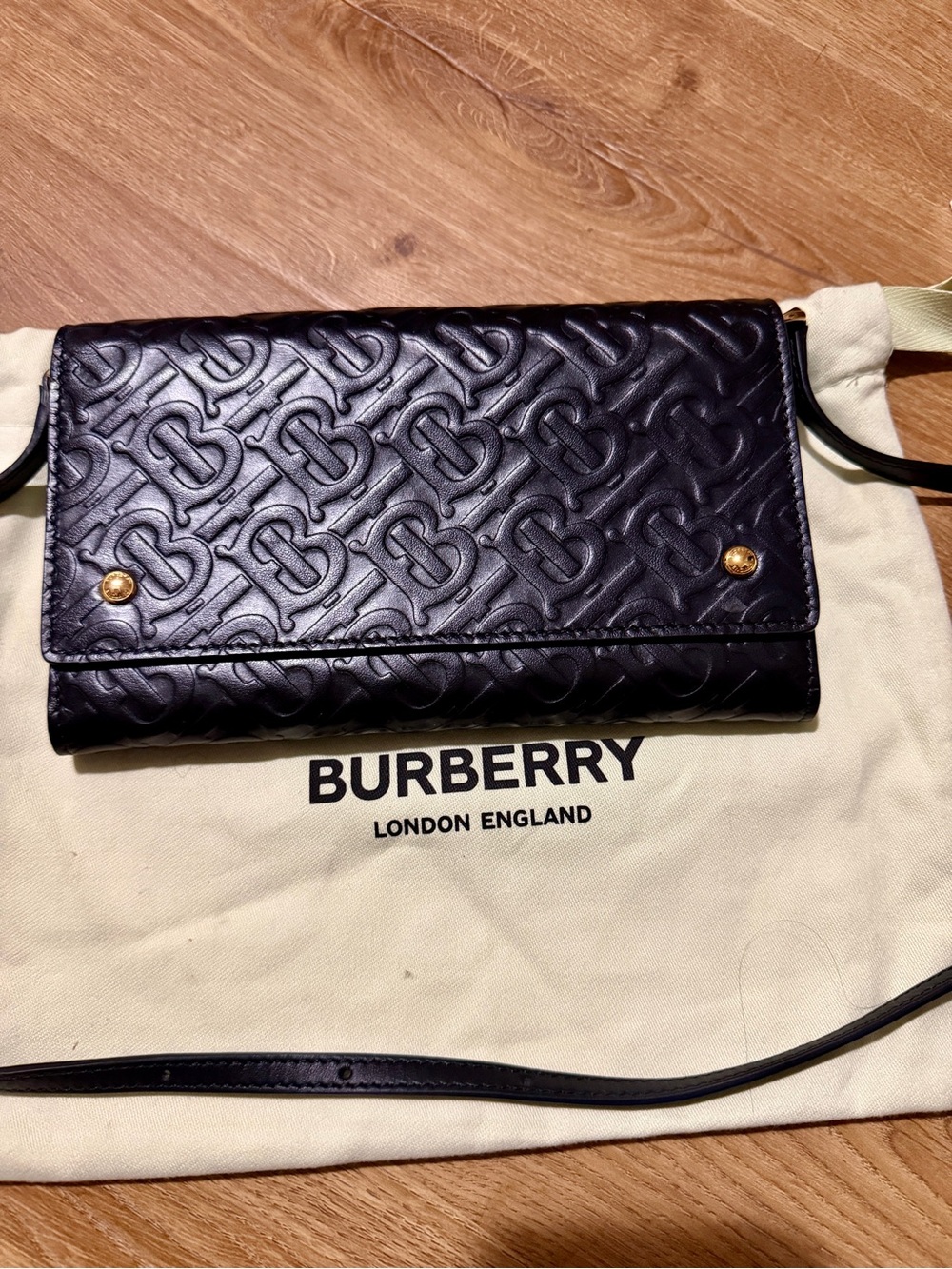 Burberry Black Embossed TB Leather Crossbody Wallet with Gold Hardware
